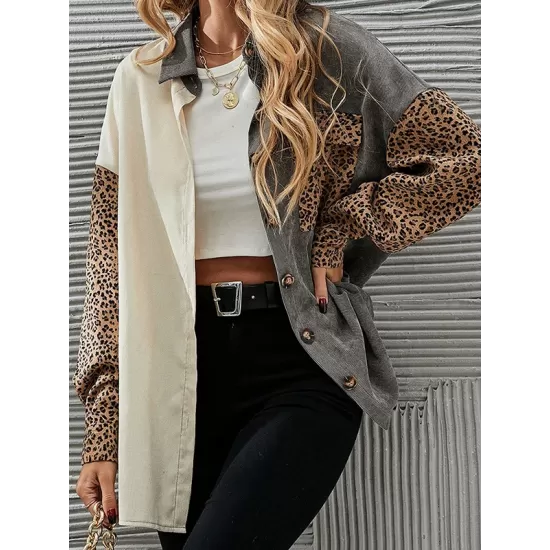 Buttoned Leopard Pockets Split-Joint Long Sleeves Loose Lapel Outerwear Jackets