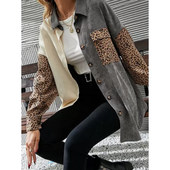 Buttoned Leopard Pockets Split-Joint Long Sleeves Loose Lapel Outerwear Jackets