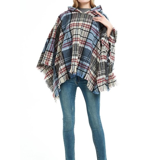 Fringed Hooded Keep Warm Plaid Shawl&Cloak Cape