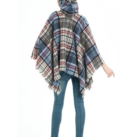 Fringed Hooded Keep Warm Plaid Shawl&Cloak Cape