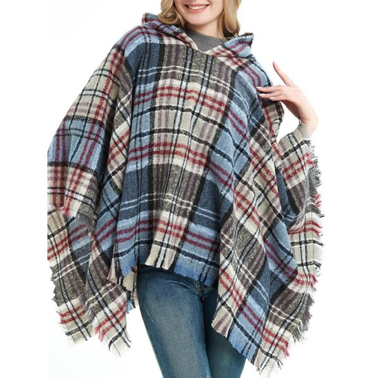 Fringed Hooded Keep Warm Plaid Shawl&Cloak Cape