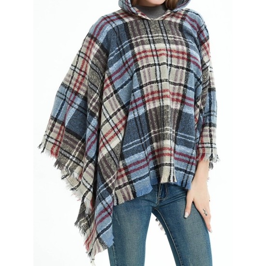 Fringed Hooded Keep Warm Plaid Shawl&Cloak Cape