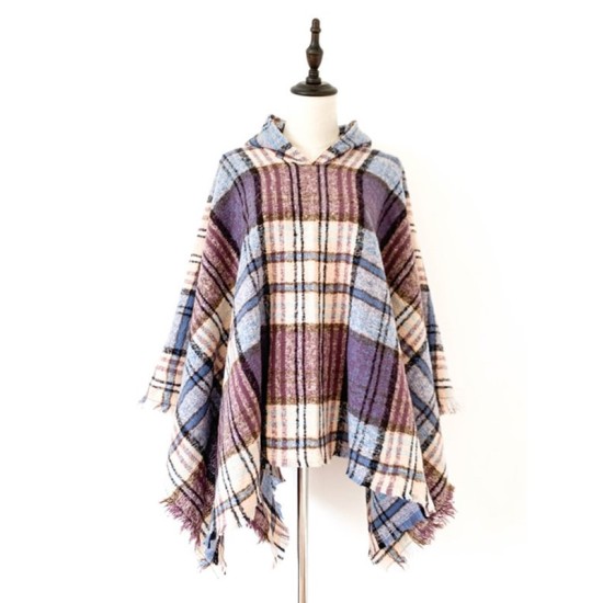 Fringed Hooded Keep Warm Plaid Shawl&Cloak Cape