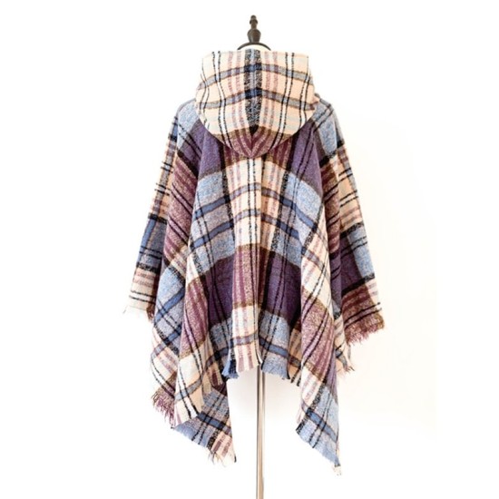 Fringed Hooded Keep Warm Plaid Shawl&Cloak Cape