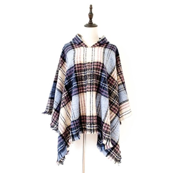 Fringed Hooded Keep Warm Plaid Shawl&Cloak Cape