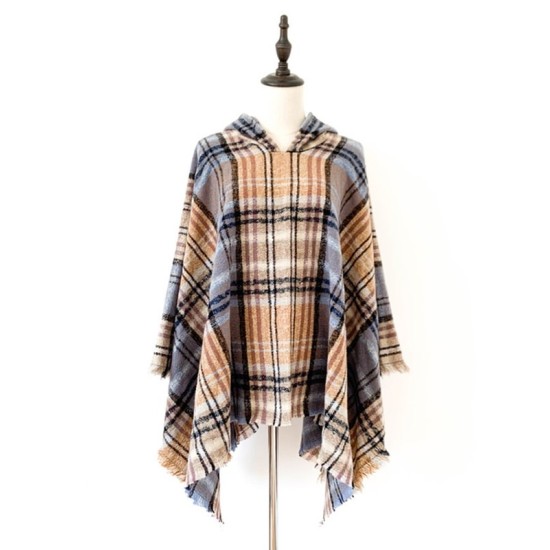 Fringed Hooded Keep Warm Plaid Shawl&Cloak Cape