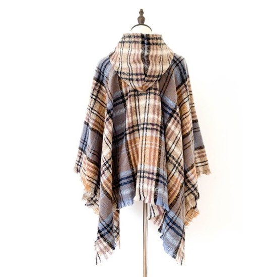 Fringed Hooded Keep Warm Plaid Shawl&Cloak Cape