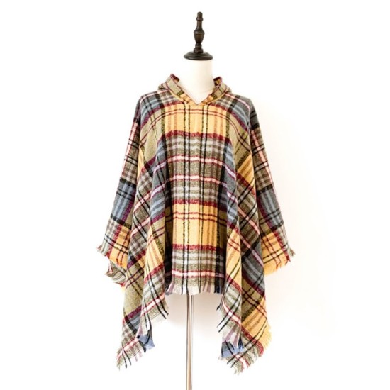 Fringed Hooded Keep Warm Plaid Shawl&Cloak Cape