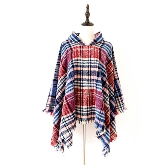 Fringed Hooded Keep Warm Plaid Shawl&Cloak Cape