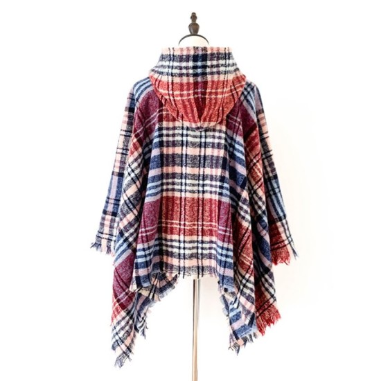 Fringed Hooded Keep Warm Plaid Shawl&Cloak Cape