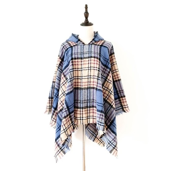 Fringed Hooded Keep Warm Plaid Shawl&Cloak Cape