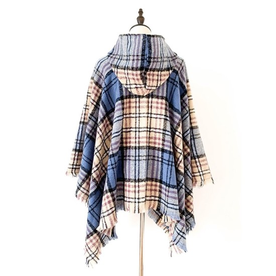 Fringed Hooded Keep Warm Plaid Shawl&Cloak Cape