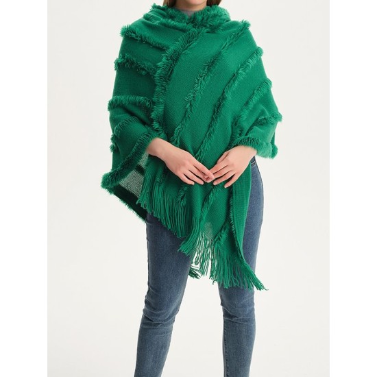 Hooded Keep Warm Solid Color Tasseled Shawl&Cloak Cape