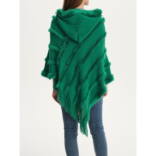 Hooded Keep Warm Solid Color Tasseled Shawl&Cloak Cape