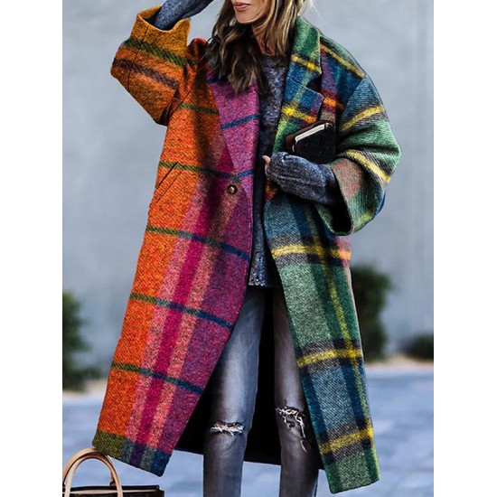 Long Sleeves Loose Contrast Color Plaid Split-Joint Lapel Outerwear Windbreakers Woolen Coat