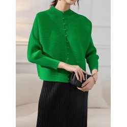 Buttoned Pleated Pockets Solid Color Long Sleeves Loose Round-Neck Outerwear