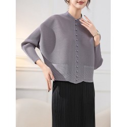 Buttoned Pleated Pockets Solid Color Long Sleeves Loose Round-Neck Outerwear