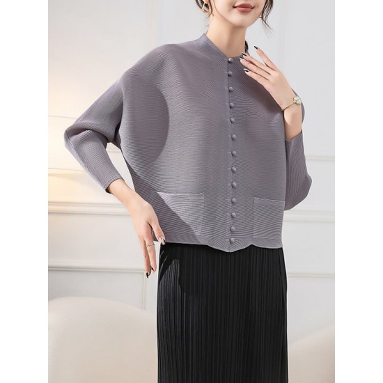 Buttoned Pleated Pockets Solid Color Long Sleeves Loose Round-Neck Outerwear