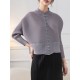 Buttoned Pleated Pockets Solid Color Long Sleeves Loose Round-Neck Outerwear