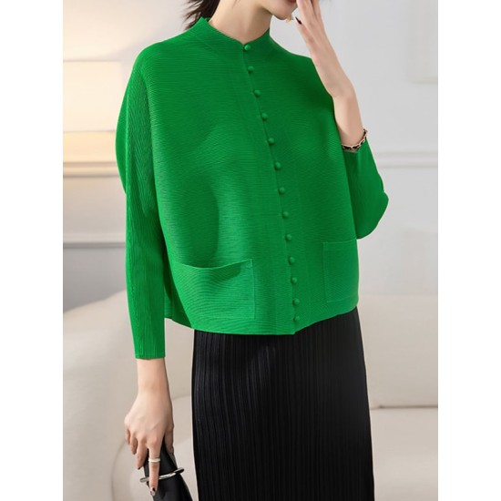 Buttoned Pleated Pockets Solid Color Long Sleeves Loose Round-Neck Outerwear