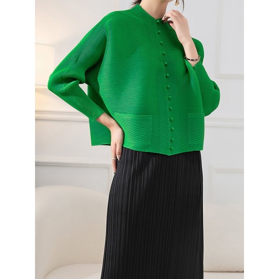 Buttoned Pleated Pockets Solid Color Long Sleeves Loose Round-Neck Outerwear