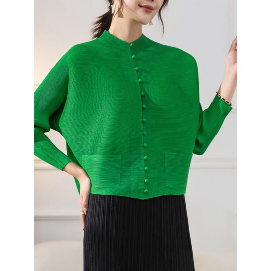 Buttoned Pleated Pockets Solid Color Long Sleeves Loose Round-Neck Outerwear