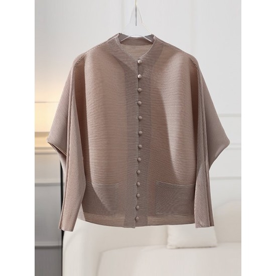 Buttoned Pleated Pockets Solid Color Long Sleeves Loose Round-Neck Outerwear