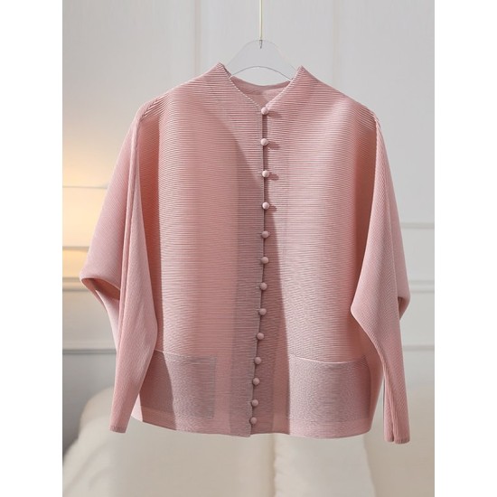 Buttoned Pleated Pockets Solid Color Long Sleeves Loose Round-Neck Outerwear