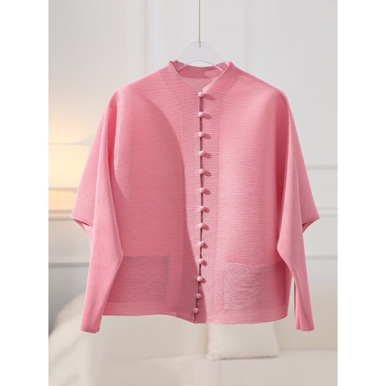 Buttoned Pleated Pockets Solid Color Long Sleeves Loose Round-Neck Outerwear