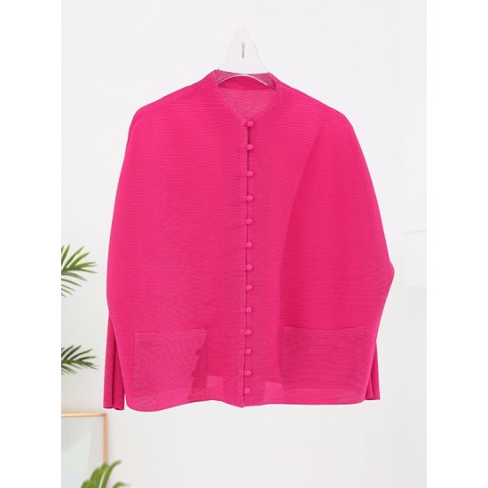 Buttoned Pleated Pockets Solid Color Long Sleeves Loose Round-Neck Outerwear