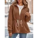 Drawstring Solid Color Velvet Zipper Long Sleeves Loose Stand Collar Outerwear