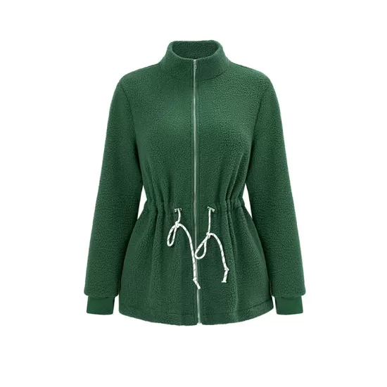 Drawstring Solid Color Velvet Zipper Long Sleeves Loose Stand Collar Outerwear