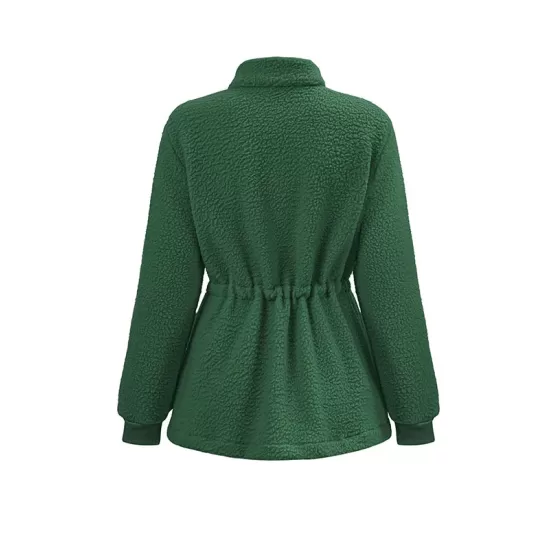 Drawstring Solid Color Velvet Zipper Long Sleeves Loose Stand Collar Outerwear