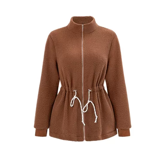 Drawstring Solid Color Velvet Zipper Long Sleeves Loose Stand Collar Outerwear