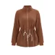 Drawstring Solid Color Velvet Zipper Long Sleeves Loose Stand Collar Outerwear