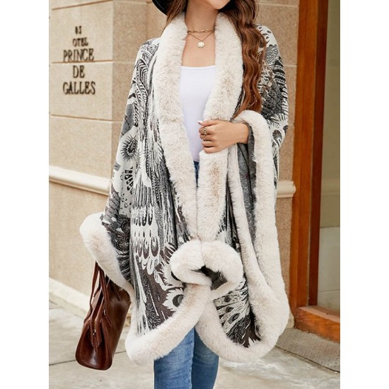 Jacquard Keep Warm Velvet Long Sleeves Loose Collarless Shawl Cape