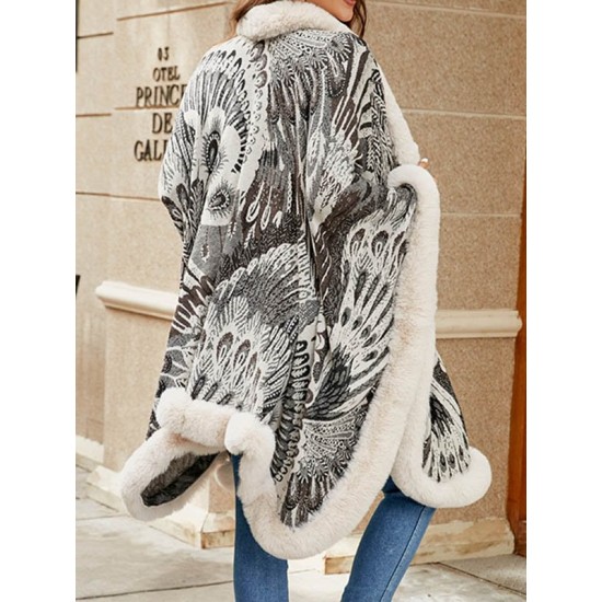 Jacquard Keep Warm Velvet Long Sleeves Loose Collarless Shawl Cape