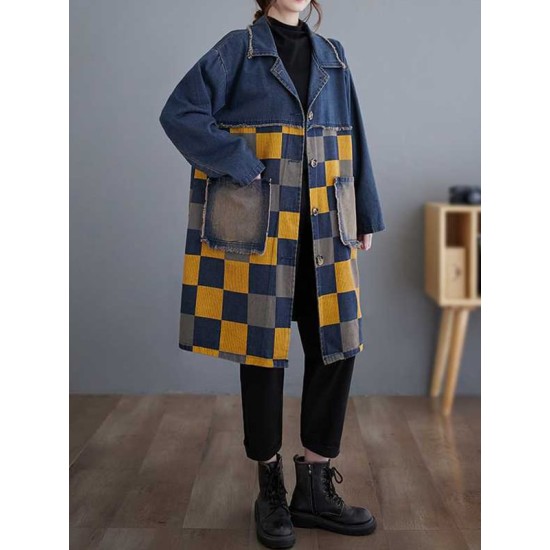 Buttoned Fringed Plaid Pockets Split-Joint Long Sleeves Loose Notched Collar Denim Outerwear