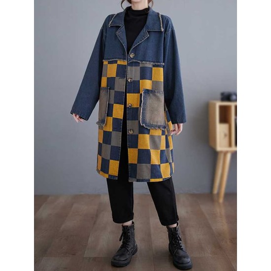 Buttoned Fringed Plaid Pockets Split-Joint Long Sleeves Loose Notched Collar Denim Outerwear