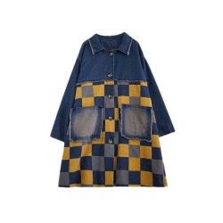 Buttoned Fringed Plaid Pockets Split-Joint Long Sleeves Loose Notched Collar Denim Outerwear