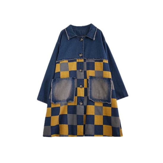 Buttoned Fringed Plaid Pockets Split-Joint Long Sleeves Loose Notched Collar Denim Outerwear