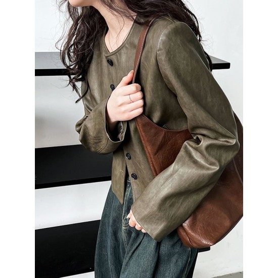 Buttoned Pockets Long Sleeves Loose Round-neck Jackets