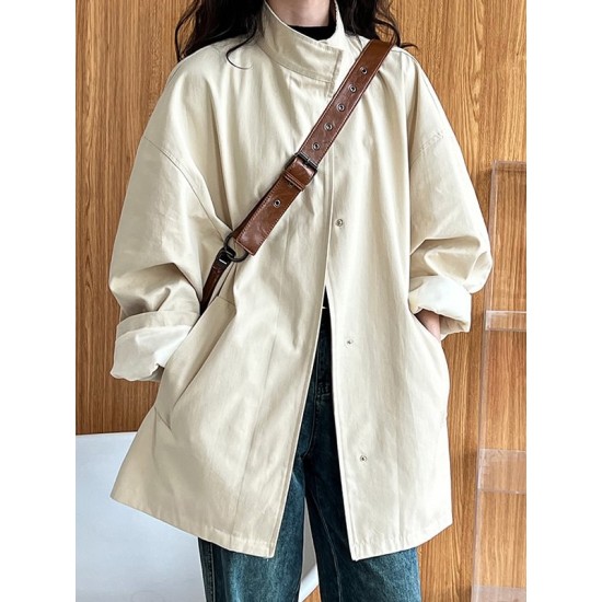 Pockets Solid Color Long Sleeves Loose Stand Collar Trench Coats Outerwear