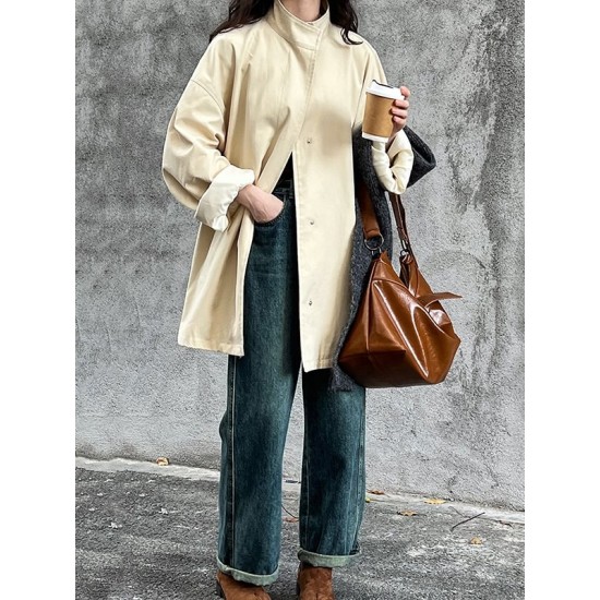 Pockets Solid Color Long Sleeves Loose Stand Collar Trench Coats Outerwear