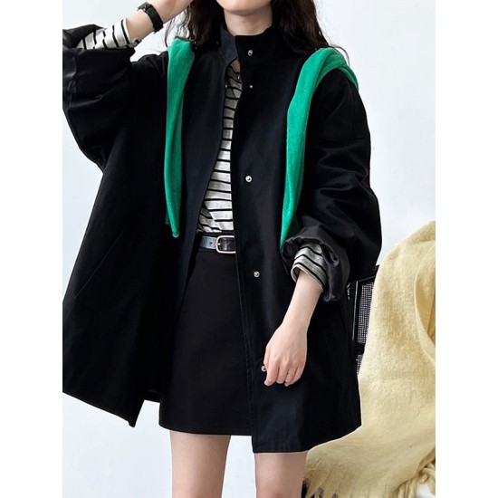 Pockets Solid Color Long Sleeves Loose Stand Collar Trench Coats Outerwear