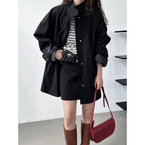 Pockets Solid Color Long Sleeves Loose Stand Collar Trench Coats Outerwear