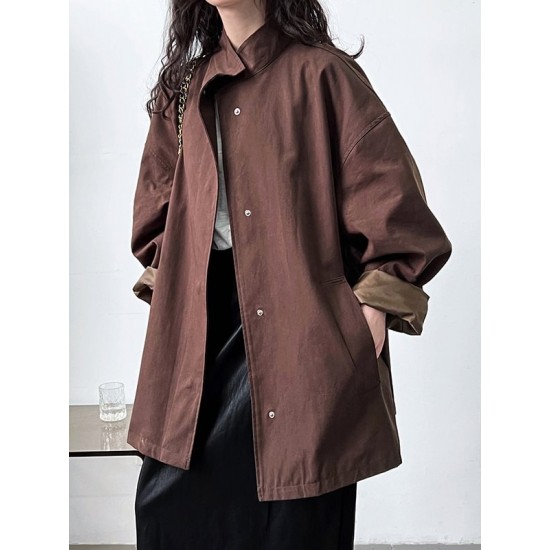 Pockets Solid Color Long Sleeves Loose Stand Collar Trench Coats Outerwear