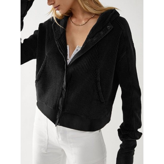 Buttoned Pockets Split-Joint Zipper Hooded Long Sleeves Hooded Outerwear