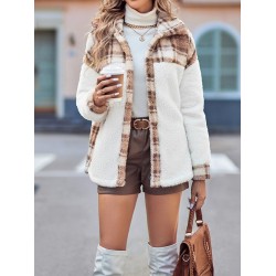 Buttoned Plaid Split-Joint Velvet Long Sleeves Loose Lapel Outerwear