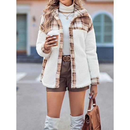 Buttoned Plaid Split-Joint Velvet Long Sleeves Loose Lapel Outerwear